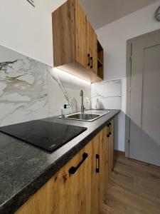 a kitchen with a sink and wooden cabinets at Pokoje gościnne Denega in Jastarnia +23 photos