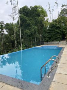 a blue swimming pool with a water fountain at Skyleaf Resort in Meenangadi