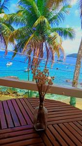 a vase with flowers sitting on a table with a palm tree at Carneiro's House in Praia de Araçatiba