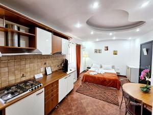 a kitchen and a bedroom with a bed and a table at Rose Apartments in Timişoara