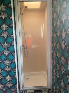 une douche avec une porte vitrée dans une salle de bain dans l'établissement Mobil Home Vintage à la Ferme des buttons, à Rosnay