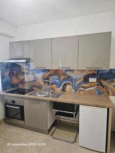 una cocina con una encimera con una pintura en la pared en Immostrasbourg - hébergements de tourisme classés proche centre et Conseil d'Europe, en Estrasburgo