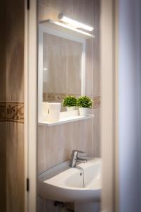 lavabo en el baño con 2 macetas en un espejo en Casa Nana, en Playa de Santiago