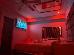 a red bedroom with a bed and a tv on the wall at Hotel Hyds in Lima