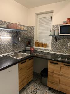 une cuisine avec un évier et un micro-ondes dans l'établissement chata Modrá, à Vinné