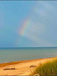 einen Strand mit Bänken auf dem Sand und dem Meer in der Unterkunft Ocean Dream Beach House in Saint Peters
