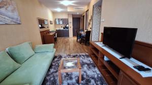 a living room with a couch and a flat screen tv at Silver Marina Apartment-Őrzött mélygarázs in Balatonfüred