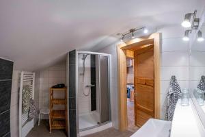 a bathroom with a shower and a glass door at Ferienwohnungen Niederarnigerhof Familie Bauernfeind in Kals am Großglockner +162 photos