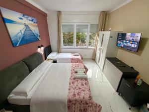 une chambre avec deux lits et une télévision au mur dans l'établissement Desire guest House, à Pise