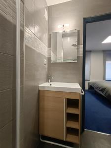 een badkamer met een wastafel en een spiegel en een bed bij Le nid in Colmar