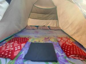 a bed in a tent with two pillows on it at Rivers EdegesRetreat campsite in Dawki