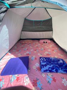 a tent with a bed in the middle of it at Rivers EdegesRetreat campsite in Dawki +16 photos