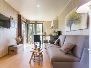 a living room with a couch and a tv at Cabane au cœur du Vignoble Nantais avec piscine privative chauffée - FR-1-306-1210 in Aigrefeuille-sur-Maine