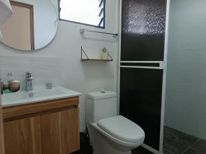 ein Badezimmer mit Toilette, Waschbecken und Spiegel in der Unterkunft Panorama Café Hostel in Buenavista