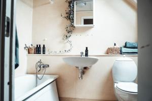 SolsidanにあるStylish Townhouse Near Stockholm Natureの洗面台とトイレ付きのバスルーム +26枚の写真