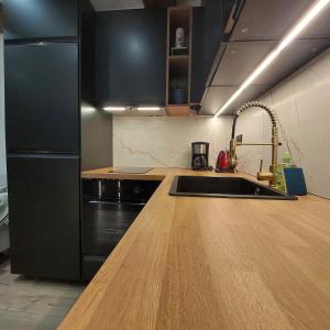 eine Küche mit einer Spüle und einem schwarzen Kühlschrank in der Unterkunft Le contemporain Centre historique in Langres