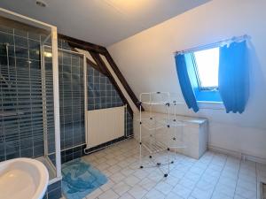 ein Badezimmer mit Waschbecken und Dusche und einem Fenster in der Unterkunft Gîte familial près de Châteauroux avec jardin, aire de jeux et location de salle, idéal pour 8 pers. - FR-1-591-12 in Arthon + 27 Fotos