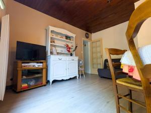 a living room with a flat screen tv and a entertainment center at Maison de vacances en Berry avec jardin clos, proche plage et sentiers, animaux acceptés - FR-1-591-319 in Baraize