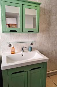 bagno con lavandino bianco e armadi verdi di Appartement centre-ville ad Aurillac