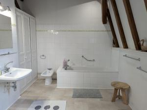 une salle de bain avec une baignoire, des toilettes et un lavabo dans l'établissement Élégante suite familiale au cœur de la forêt de Montargis, à 1h30 de Paris - FR-1-590-342, à Paucourt 24 autres photos