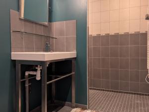 une salle de bain avec un lavabo et un miroir dans l'établissement Maison de caractère avec grand terrain, proche d'Arlempdes, labels ECOGÎTE et Tourisme & Handicap - FR-1-582-118, à Arlempdes 20 autres photos