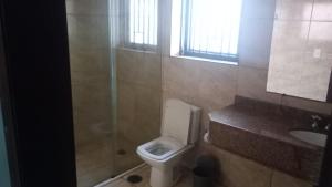 een badkamer met toilet, douche en wastafel bij Hotel Porto Calem in Sao Paulo