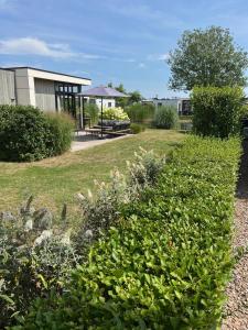 a garden with a bench in front of a building at Ferienhaus 55 am Wasser Olburgen - perfekt für Familien - mit Freibad, Sauna, Restaurant und Spielplatz in Olburgen