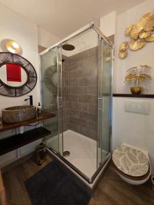 eine Duschkabine in einem Badezimmer mit Waschbecken in der Unterkunft Sweet Crépuscule - Studio avec Vue Mer Imprenable & Piscine in Les Trois-Îlets