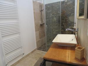 ein Badezimmer mit Waschbecken und Dusche in der Unterkunft Maison chaleureuse en forêt du Perche avec cheminée, jeux pour enfants et grand jardin - FR-1-581-51 in Senonches