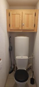 ein Badezimmer mit einer weißen Toilette und Holzschränken in der Unterkunft Appartement cosy Luz-St-Sauveur Ski et randonnée in Luz-Saint-Sauveur