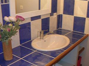 une salle de bain avec un lavabo et un vase de fleurs dans l'établissement Charmante Maison de Ferme avec Cour Fermée, Proche Loisirs et Nature - FR-1-582-191, à Aurec-sur-Loire 11 autres photos