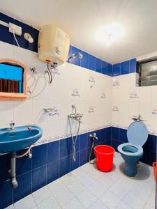 a bathroom with a blue toilet and a sink at Mayelle Agonda in Agonda