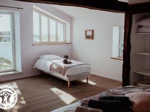 - une chambre avec un lit et un chat dormant dans l'établissement Gîte 4 chambres avec bien-être et terrasses au cœur du Marais Breton - FR-1-426-559, à Bois-de-Cené