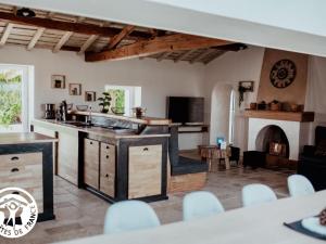 une cuisine avec un comptoir et une cheminée dans l'établissement Gîte 4 chambres avec bien-être et terrasses au cœur du Marais Breton - FR-1-426-559, à Bois-de-Cené