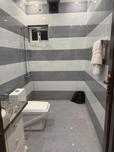 ein Badezimmer mit einer grau-weiß gestreiften Wand in der Unterkunft Aolai hotel in Islamabad