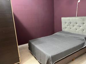 a bedroom with a bed and a purple wall at Alquileres Fernando in San Clemente del Tuyú