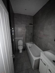 a bathroom with a toilet and a tub and a sink at Belin Stay in Hackbridge
