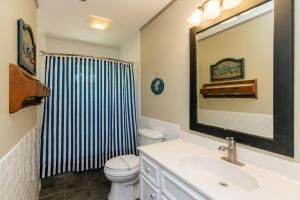 ein Badezimmer mit Waschbecken, Toilette und Dusche in der Unterkunft Island Gossip in Edisto Beach + 21 Fotos