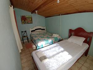 ein Schlafzimmer mit zwei Betten und einer Holzdecke in der Unterkunft Morada Jaguary in Camanducaia