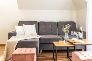 un salon avec un canapé et une table dans l'établissement Spokojny Apartament u Słodyczki w Kluszkowcach, à Kluszkowce