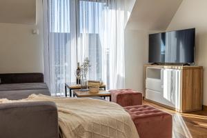 un salon avec une télévision à écran plat et un canapé dans l'établissement Spokojny Apartament u Słodyczki w Kluszkowcach, à Kluszkowce