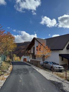 a house with a car parked on the side of a road at Mountain villa in Gorna Belica - Villa Hani in Struga