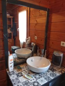 a bathroom with two sinks on a counter at studio Nature & détente in Puessans