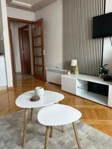 sala de estar con mesa blanca y TV en Stan u centru Niša, Obilićev venac, en Niš