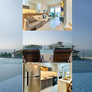 a collage of two pictures of a living room and a house at Apartamento em condomínio HOME CLUB, cozinha completa, PISCINA e JACUZZI aquecida, SAUNA, ACADEMIA, quadra de esportes playground infantil, salão de jogos a 40m da PRAIA e 15min do Beto Carreiro in Piçarras