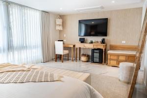 sypialnia z łóżkiem, biurkiem i telewizorem w obiekcie Berthas collection by em hotels w mieście Cartagena de Indias
