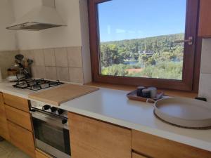 a kitchen with a sink and a window with a view at Adriatic Lifestyle Apartment in Stari Grad