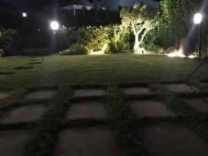 Un césped iluminado por la noche con luces. en Pine Beach House, en Campofelice di Roccella