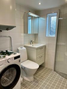 a bathroom with a toilet and a washing machine at Röda Stugan in Örby, Älvsjö in Stockholm +16 photos