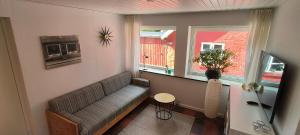 a living room with a couch and two windows at Købmandsgården i Grundfør in Hinnerup
